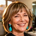 Femme souriante avec une coupe de cheveux moderne et élégante mettant en valeur son visage, portant des boucles d'oreilles turquoise