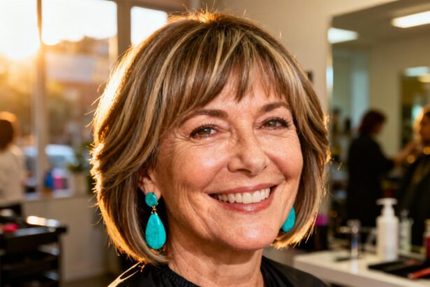 Femme souriante avec une coupe de cheveux moderne et élégante mettant en valeur son visage, portant des boucles d'oreilles turquoise
