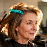 Femme de 55 ans avec cheveux fins montrant une transformation de volume grâce à une coupe et un accessoire turquoise