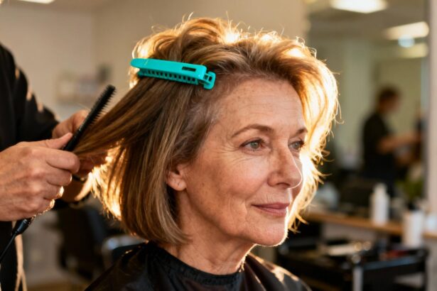 Femme de 55 ans avec cheveux fins montrant une transformation de volume grâce à une coupe et un accessoire turquoise