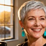 Femme d'âge mûr avec une coupe pixie élégante et des boucles d'oreilles turquoise devant lumière naturelle