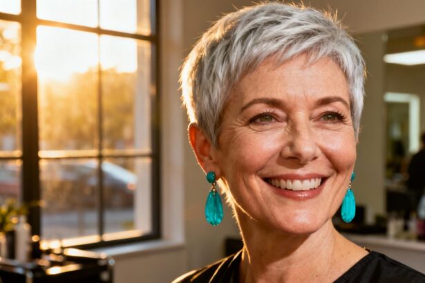 Femme d'âge mûr avec une coupe pixie élégante et des boucles d'oreilles turquoise devant lumière naturelle