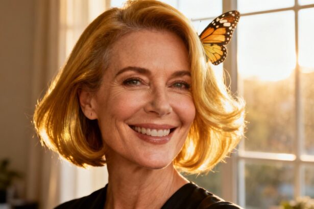 Femme de 50 ans avec visage fin et coupe butterfly, souriante avec des reflets dorés dans les cheveux
