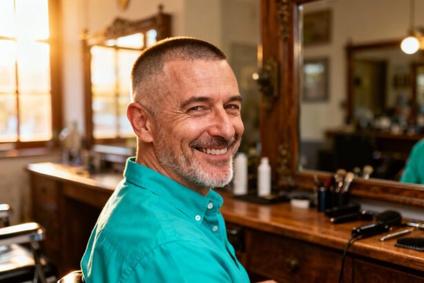 Homme de 55 ans avec coupe buzz courte et chemise turquoise dans un barbershop, souriant avec confiance