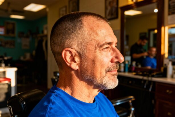 Homme de 55 ans avec coupe buzz courte portant une chemise bleue dans un barbershop éclairé naturellement