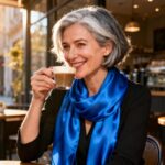Femme de 45 ans avec une coupe bob texturée et une écharpe bleue, buvant un café dans un établissement urbain