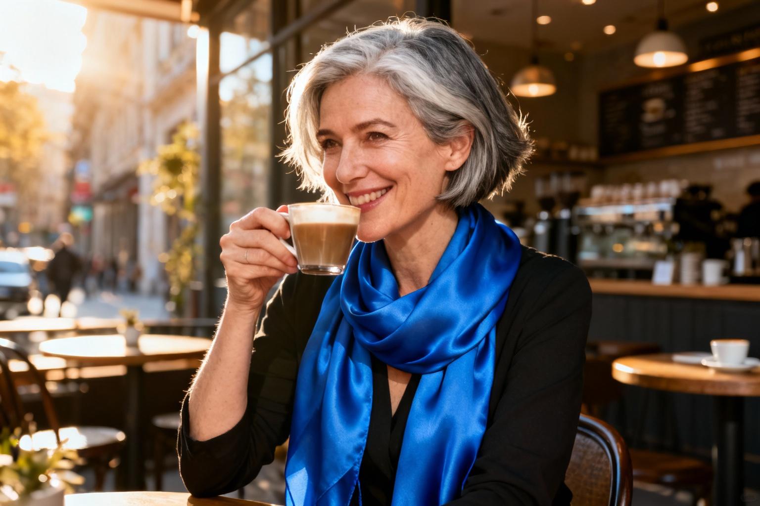 Femme de 45 ans avec une coupe bob texturée et une écharpe bleue, buvant un café dans un établissement urbain