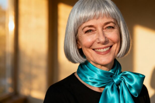 Femme souriante de 50 ans avec une coupe au carré et une écharpe turquoise, éclairée par une lumière naturelle