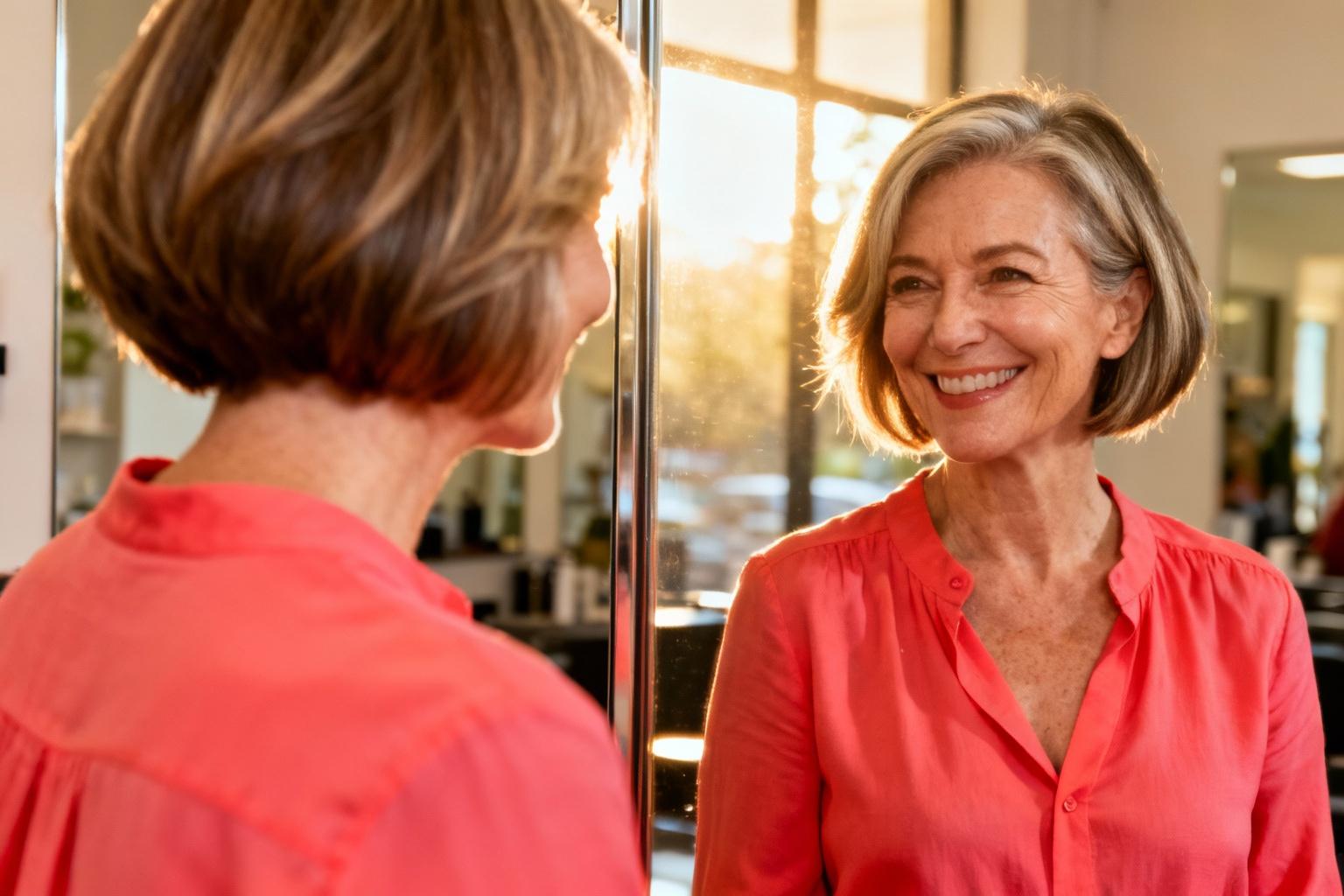 Femme souriante de 50 ans avec une coupe bob moderne et une blouse corail dans un salon lumineux