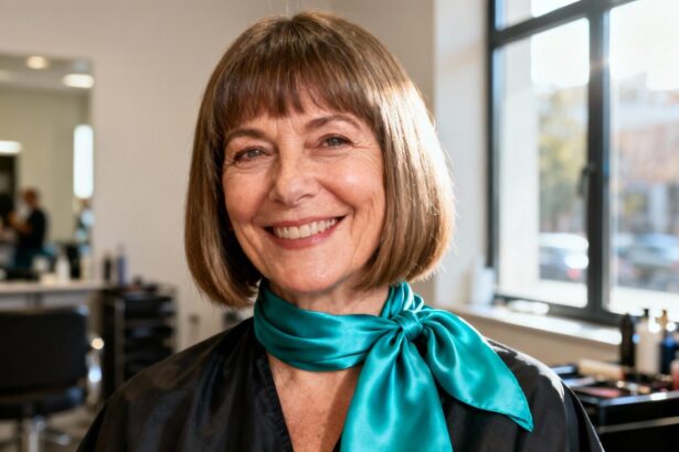 Femme souriante de 55 ans avec une coupe lob rafraîchissante et un foulard en soie turquoise dans un salon de coiffure naturel