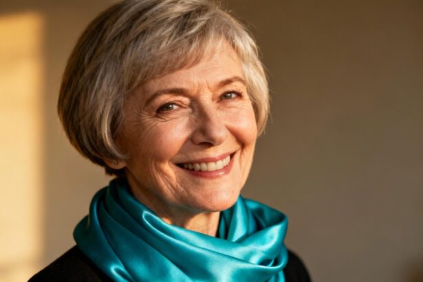 Femme âgée élégante avec coupe pixie courte et foulard en soie turquoise, souriant en lumière naturelle