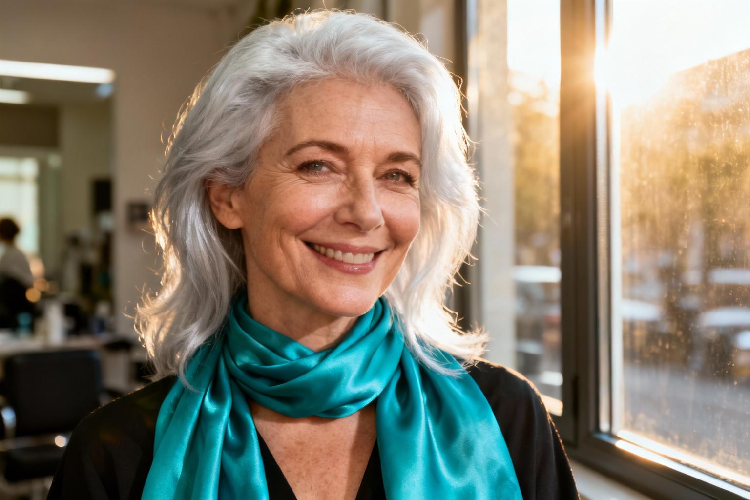 Femme de 55 ans aux cheveux blancs avec une écharpe turquoise, souriant dans un salon sous la lumière naturelle