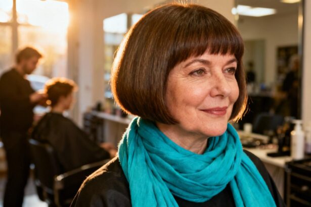 Femme de 55 ans avec coupe carré adaptée aux visages ronds portant une écharpe turquoise dans un salon