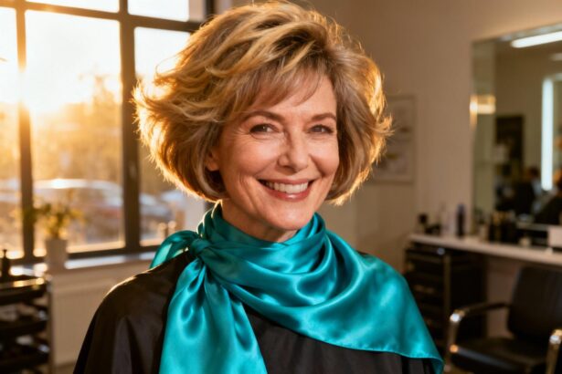Femme de 55 ans avec coupe pixie volumineuse et écharpe en soie turquoise, souriante devant une fenêtre ensoleillée