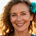 Femme de 50 ans aux cheveux fins ondulés souriante avec un accessoire turquoise dans les cheveux, lumière naturelle