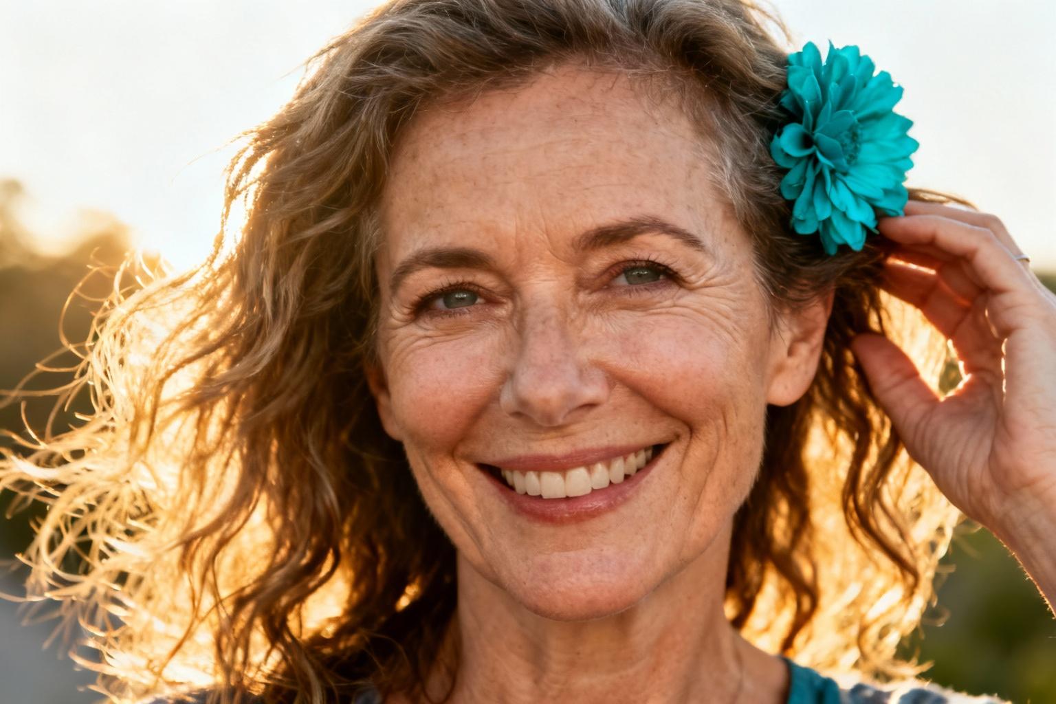 Femme de 50 ans aux cheveux fins ondulés souriante avec un accessoire turquoise dans les cheveux, lumière naturelle