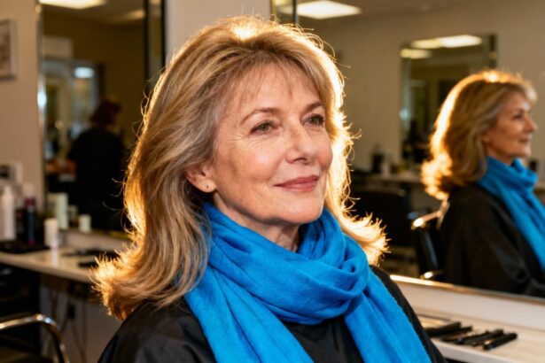 Femme de 55 ans aux cheveux fins montrant une coupe volumineuse avec écharpe bleue vibrante en lumière dorée