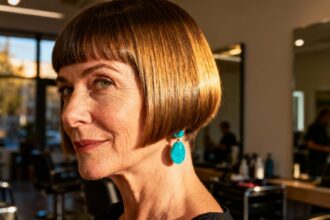 Femme de 55 ans avec coupe micro bob et boucles d'oreilles turquoise dans un salon de coiffure éclairé par la lumière naturelle