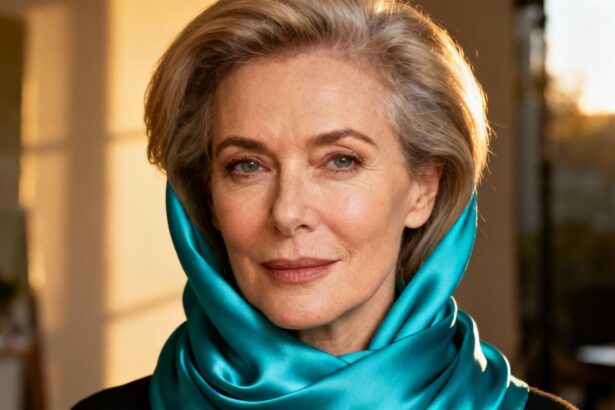 Femme de 50 ans avec une coupe de cheveux adaptée à un visage ovale, portant une écharpe en soie turquoise