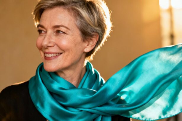 Femme mature souriante avec cheveux courts et écharpe turquoise, lumière naturelle en studio