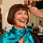 Femme européenne de 55 ans avec une coupe courte moderne pendant que le coiffeur ajuste sa coupe, écharpe turquoise contrastante