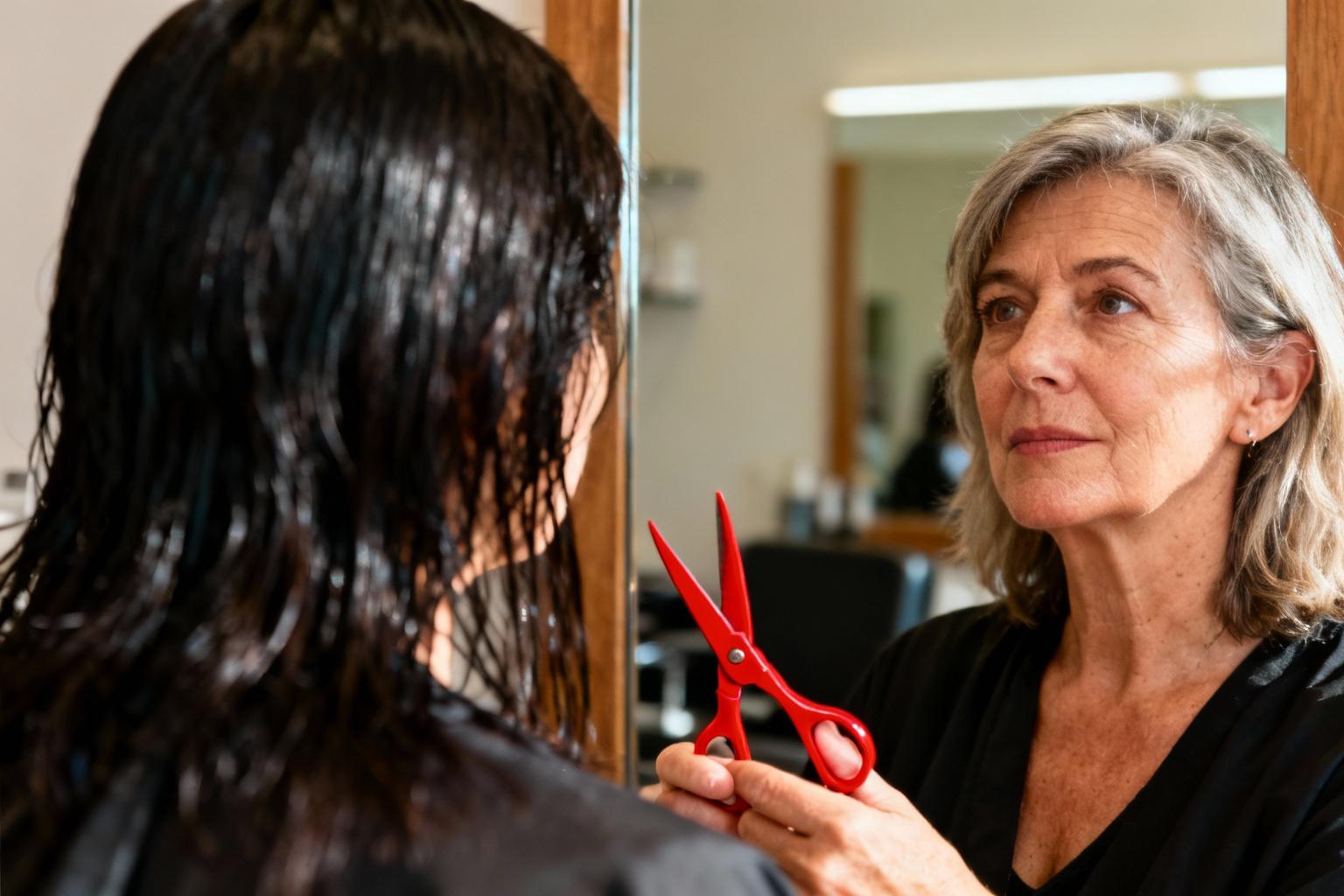 Femme de 55 ans dans un salon regardant pensivement son reflet dans un miroir avec des ciseaux rouges à la main