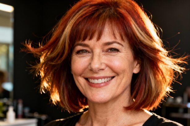 Femme de 50 ans avec visage carré portant une coupe de cheveux moderne auburn avec reflets caramel dans un salon professionnel
