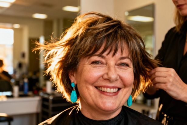 Femme de 55 ans avec visage rond souriante, portant une coupe shaggy moderne et des boucles d'oreilles turquoise