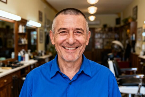 Homme de 55 ans avec coupe buzz cut et chemise bleue, souriant dans un salon de coiffure traditionnel