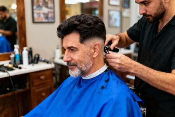 Homme d'âge mûr aux cheveux épais recevant une coupe taper fade moderne dans un salon de coiffure professionnel