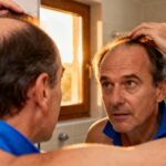Homme d'âge moyen en chemise bleue examinant attentivement ses cheveux dégarnis dans un miroir