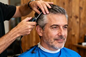 Homme d'âge mûr avec visage ovale portant une chemise bleue vive lors d'une coupe de cheveux chez le coiffeur
