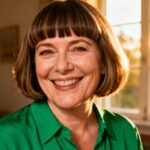 Femme européenne souriante de 55 ans avec cheveux parfaitement coiffés et blouse verte émeraude, dans un intérieur naturel