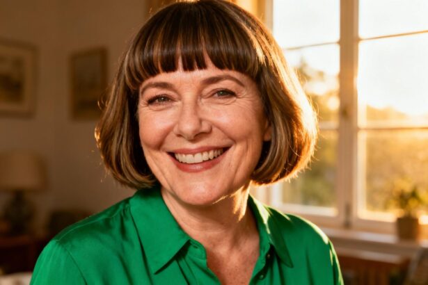 Femme européenne souriante de 55 ans avec cheveux parfaitement coiffés et blouse verte émeraude, dans un intérieur naturel